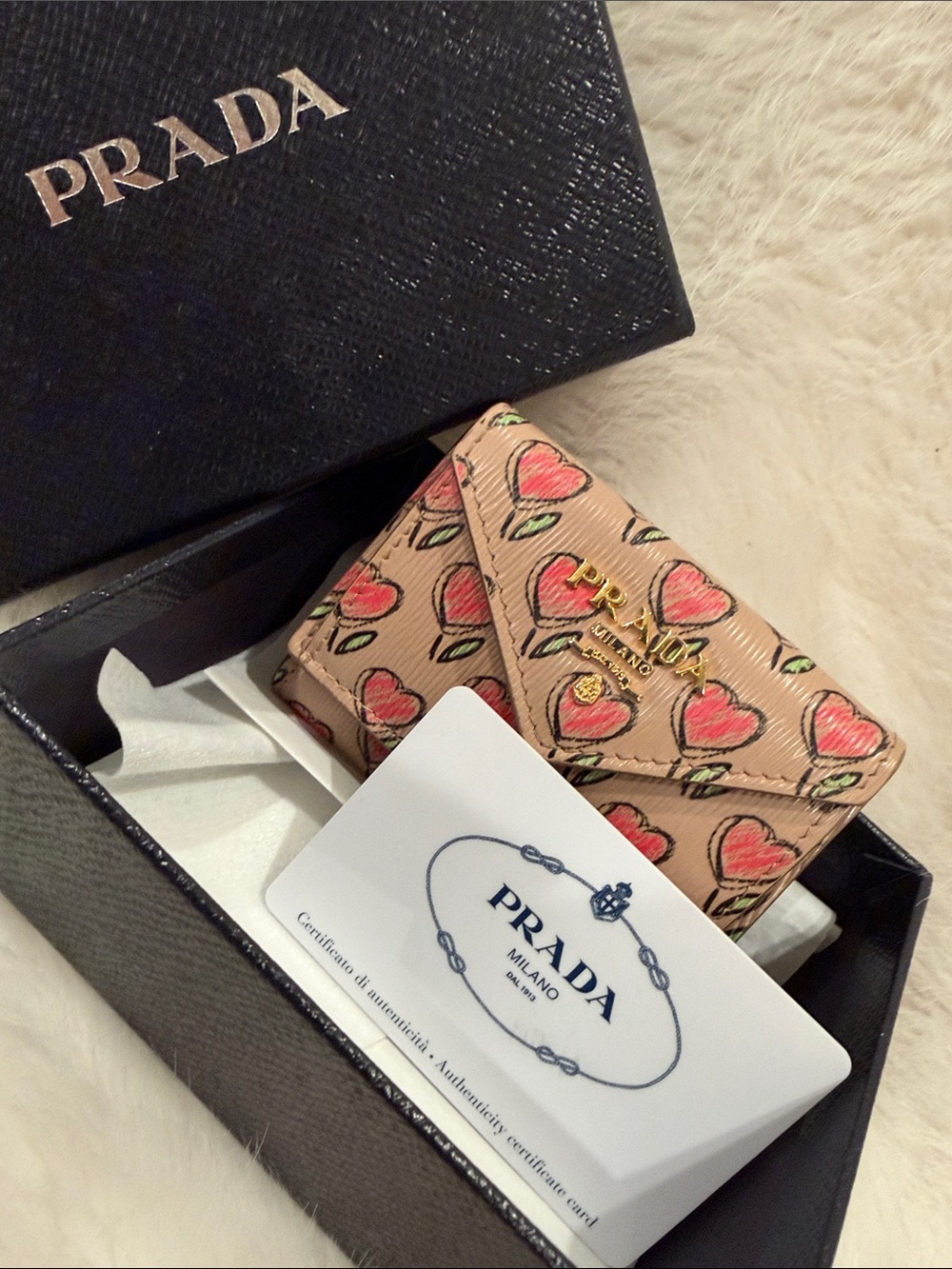 Prada Beige Leather Heart-Print small wallet Gold Logo Authentic card org box!